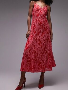Topshop Red Lace Embroidered Slip Maxi Dress